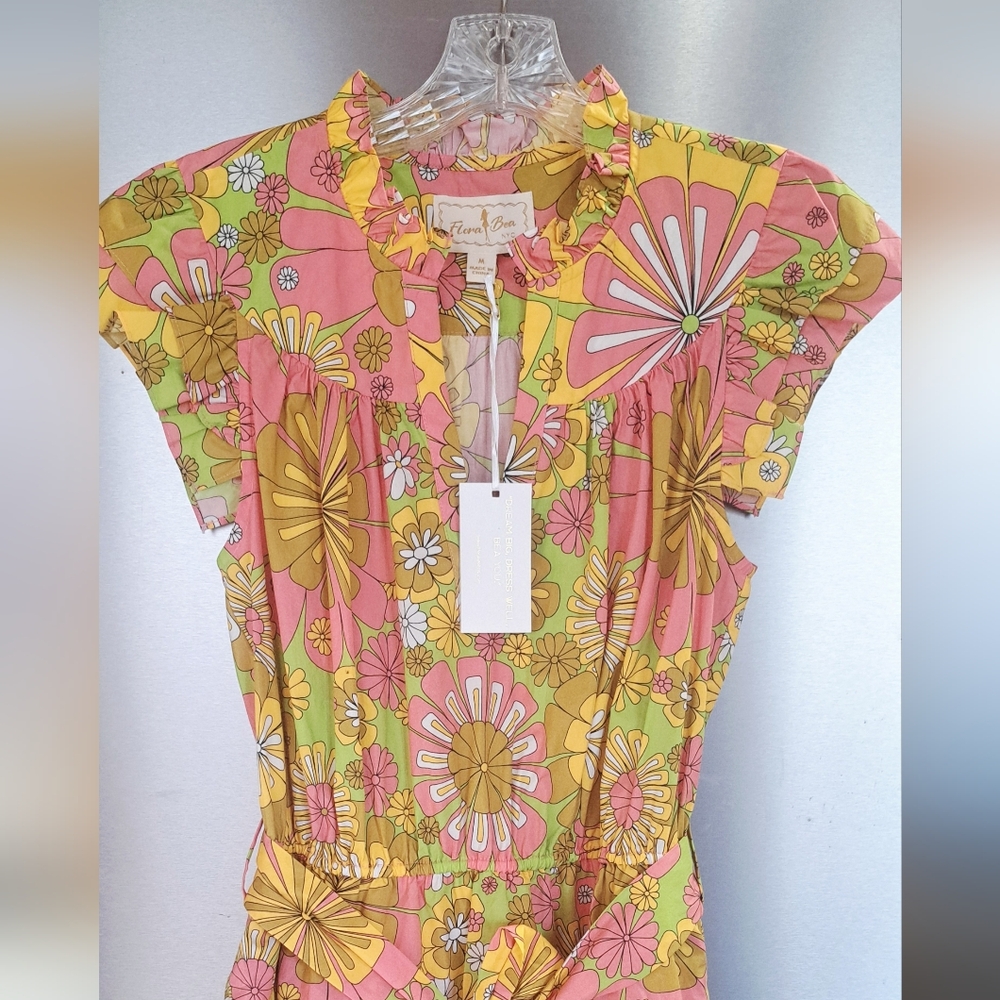 New Flora Bea NYC Mini Dress Retro Styled Tiered Green And Orange Pink Floral M - Picture 2 of 13